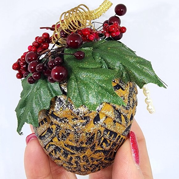 VTG Handmade Folded Cloth Black Gold Holly Glitter Christmas Holiday Ornament - Picture 10 of 12